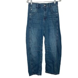 Womens Medium Wash Cotton Barrel Leg Curved Jeans Blue Size M trendy casual boho